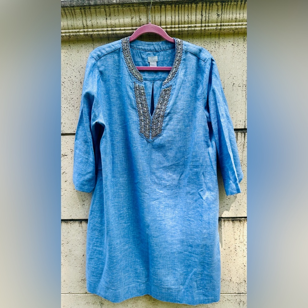 Chico’s ✨ Beaded Linen-Blend Dress ✨ Chambray Blue ✨ Size 3/XL